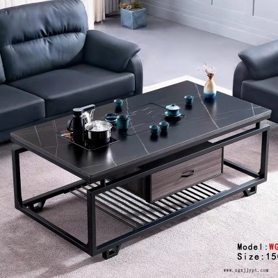 茶幾 1500*800*580 黑砂噴涂鋼架，巖板臺面